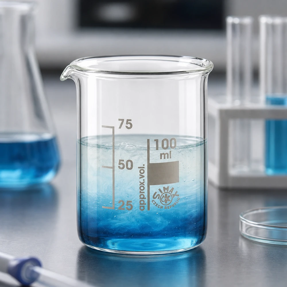 Borosilicaatglas beker 100ml met blauwe oplossing en duidelijk zichtbare milliliterverdeling