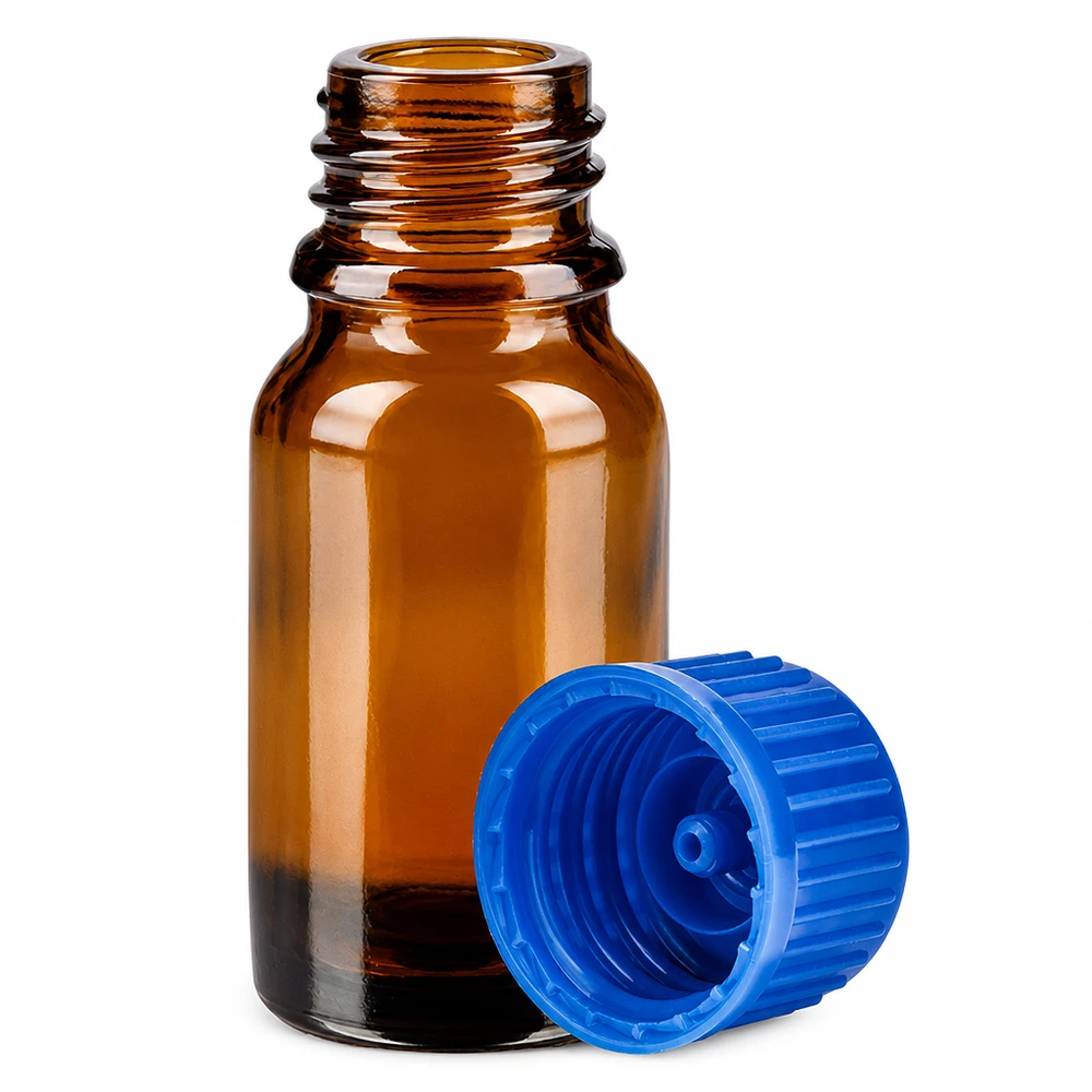 Handig 10ml druppelflesje van bruin beschermend glas met ergonomische blauwe dop