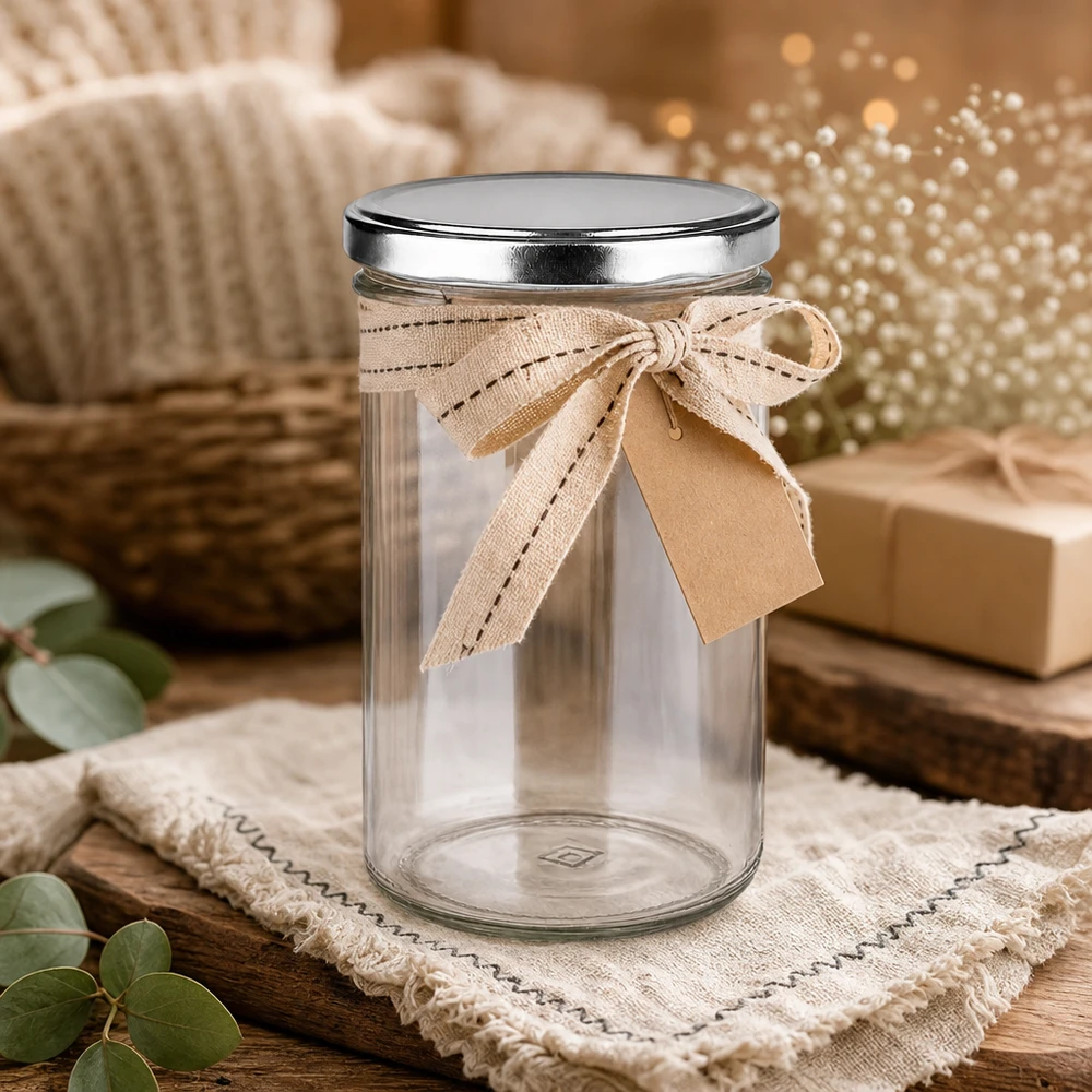 277ml bekers met BasicSeal deksel zilver decoratief met strik geschenkverpakking rustieke houten look sfeer