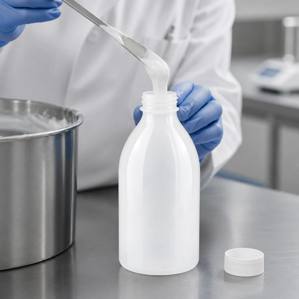 Präzises Abfüllen einer cremigen Probe in 500ml Enghals Laborbehälter aus PE