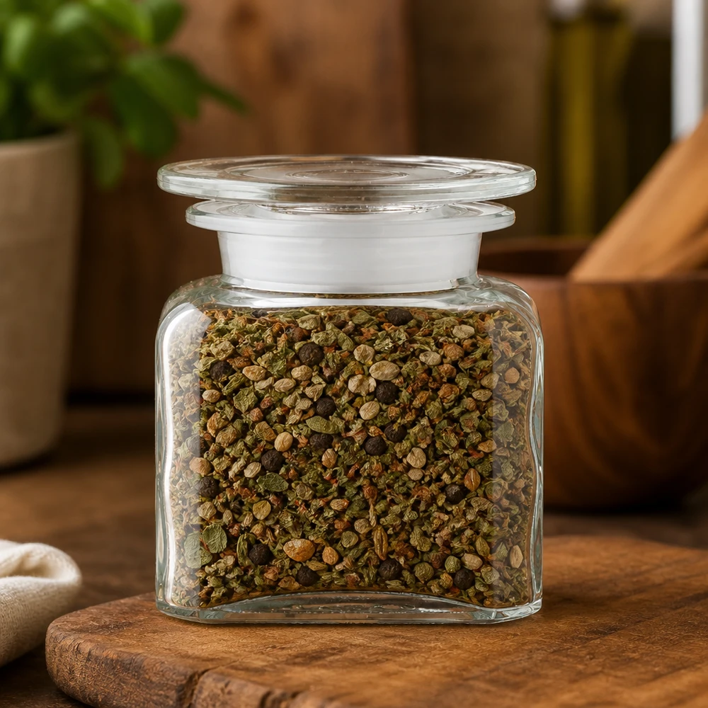 Helder vierkant glas met een bonte kruidenmix van kruiden en peperkorrels in de keuken