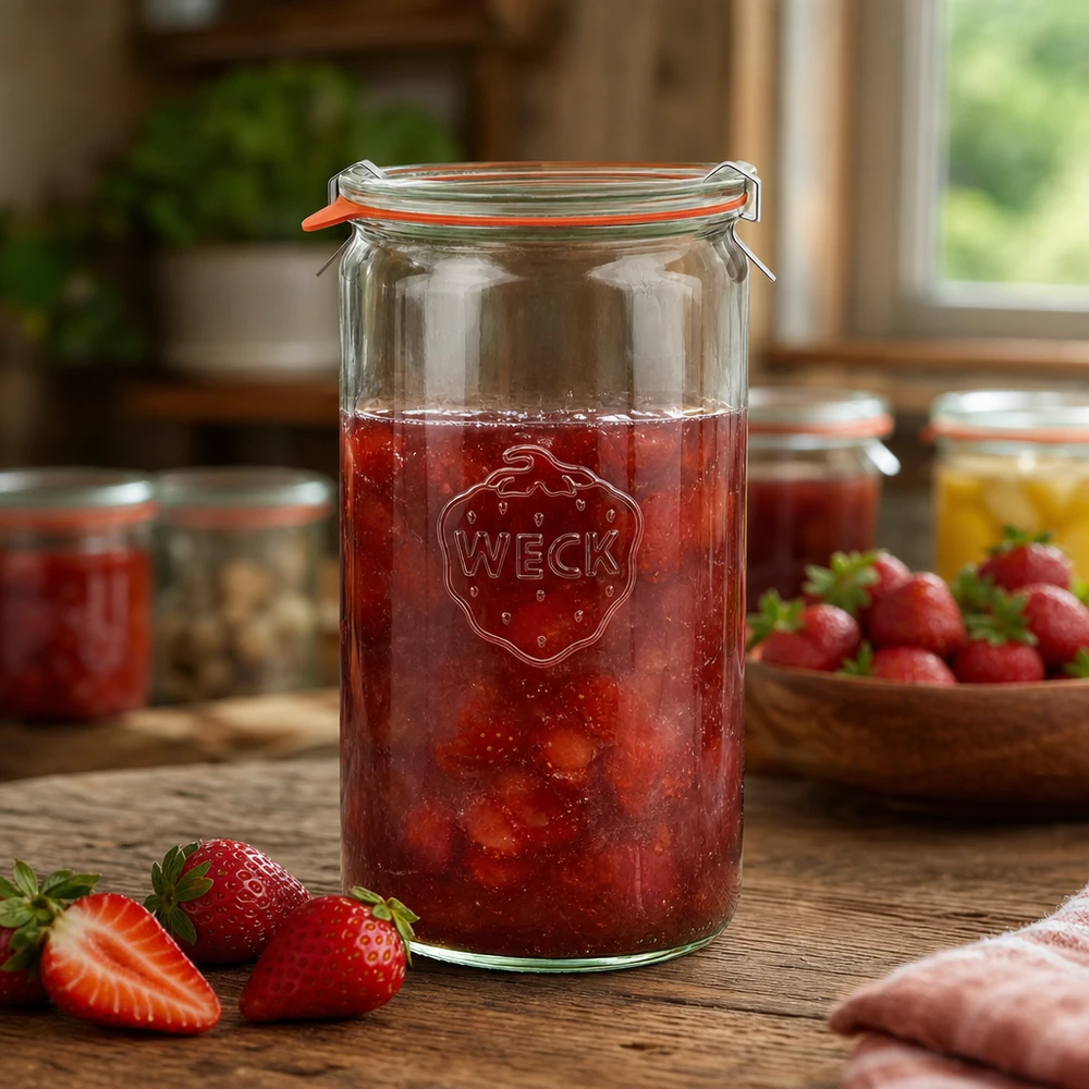 WECK inmaakpot 1590ml gevuld met aardbeienjam op een houten tafel met verse aardbeien op de achtergrond