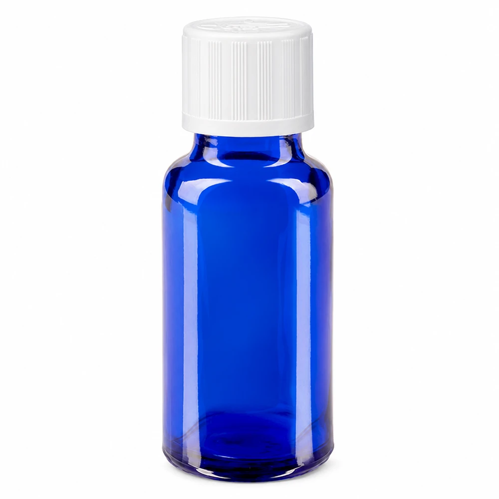 Blauwe glazen flessen 20ml met wit schroefsluiting kinderslot St 20 ml UV-bescherming, apothekersglas, blauw met witte veiligheidsdop, KiSi 11 mm