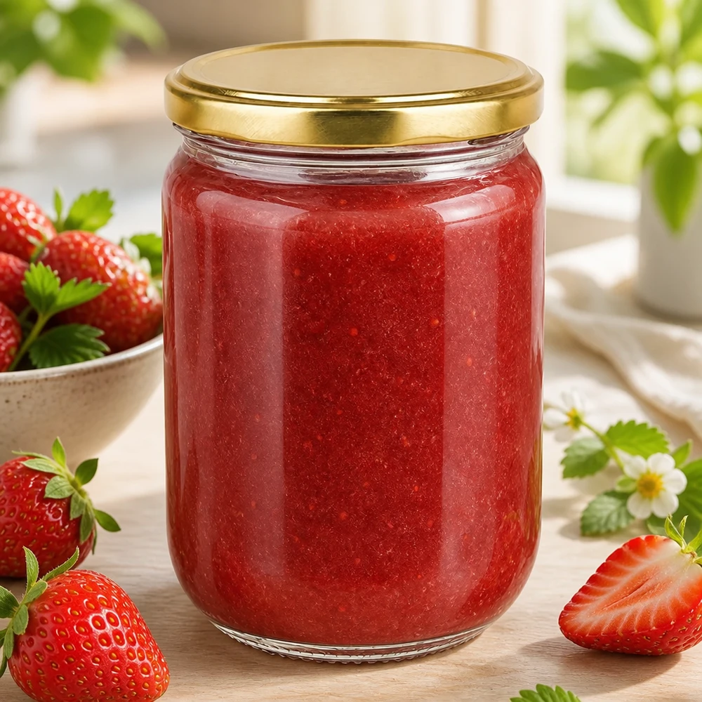 555 ml rond glas + BasicSeal-deksel goud UNiTWIST 555 ml UniTwist-bewaarpot met BasicSeal-deksel in goudkleur voor zelfgemaakte aardbeienjam