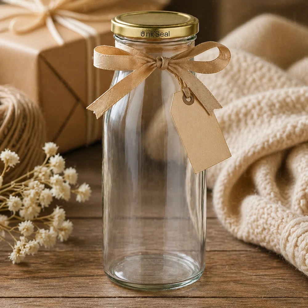 150ml fles met BioSeal deksel goud UNiTWIST UNiTWIST glazen fles 150ml decoratief gepresenteerd met lint gouden BioSeal deksel cadeau-idee lifestyle