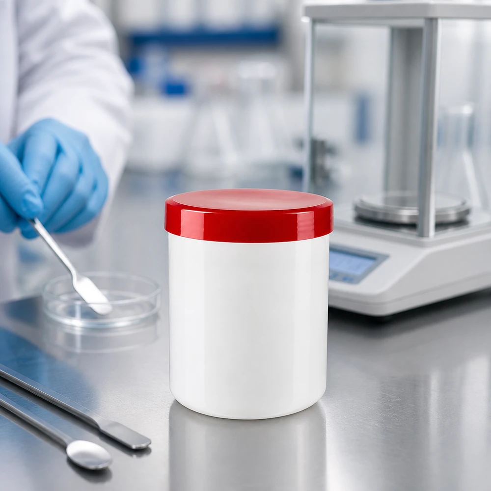 Apotheekpotje van 200 g, wit met een rood deksel van PP, naast een petrischaal in het laboratorium