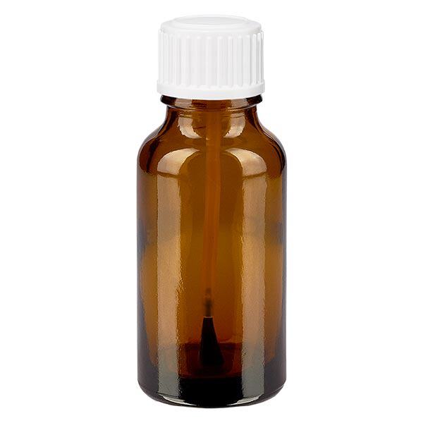 Bruine glazen fles 20ml met wit schroefsluiting kwastje VR Bruine glazen fles 20ml met wit schroefsluiting kwastje VR