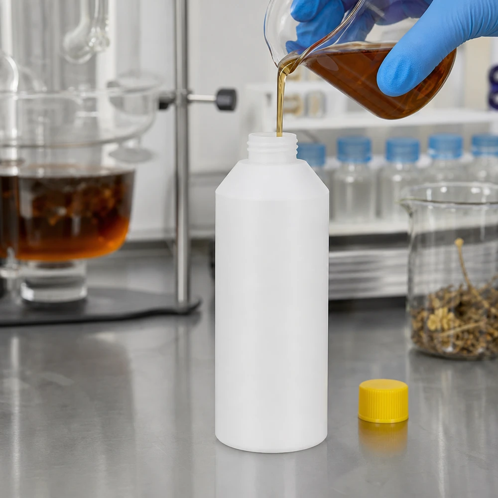 PET cilinderfles 250ml wit met schroefsluiting geel Het vullen van een witte HDPE-fles van 250 ml met etherische olie op een roestvrijstalen oppervlak