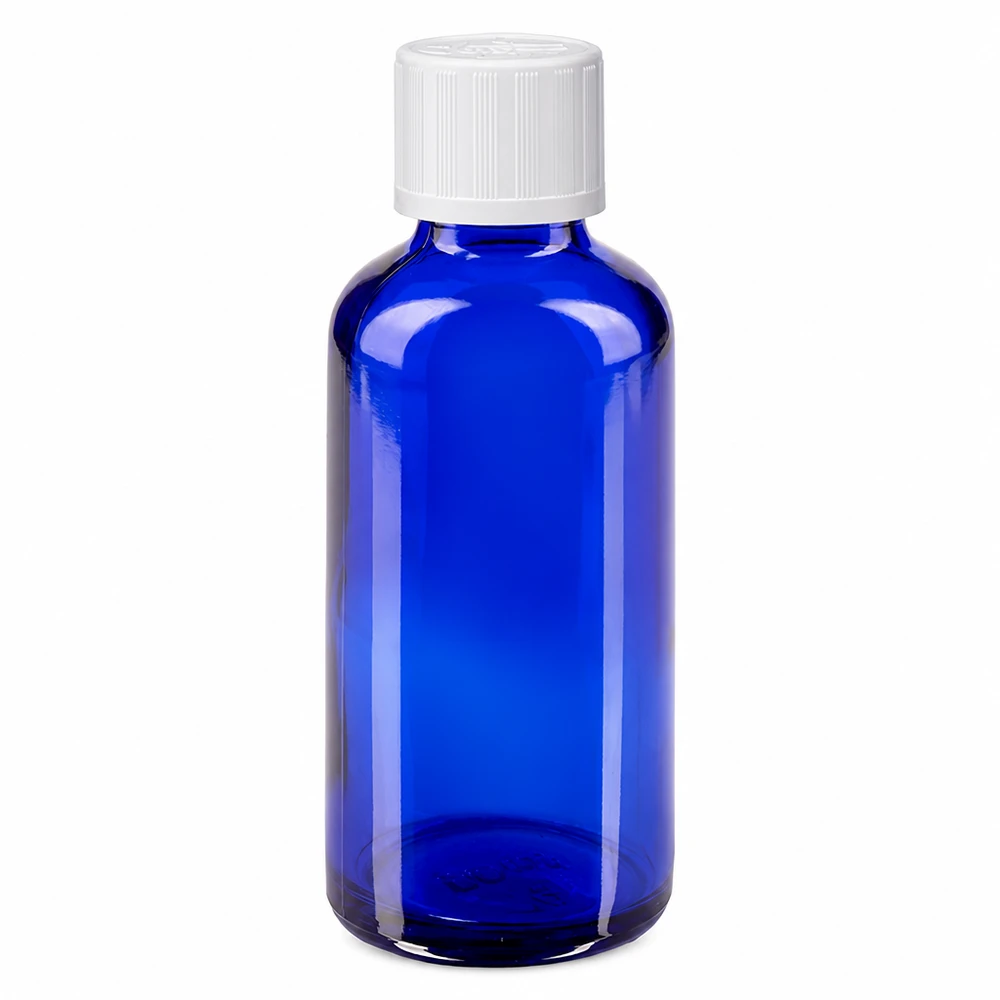 Blauwe glazen flessen 50ml met wit schroefsluiting kinderslot St Kobaltblauw glazen flesje van 50 ml met kindveilige witte dop voor apotheken