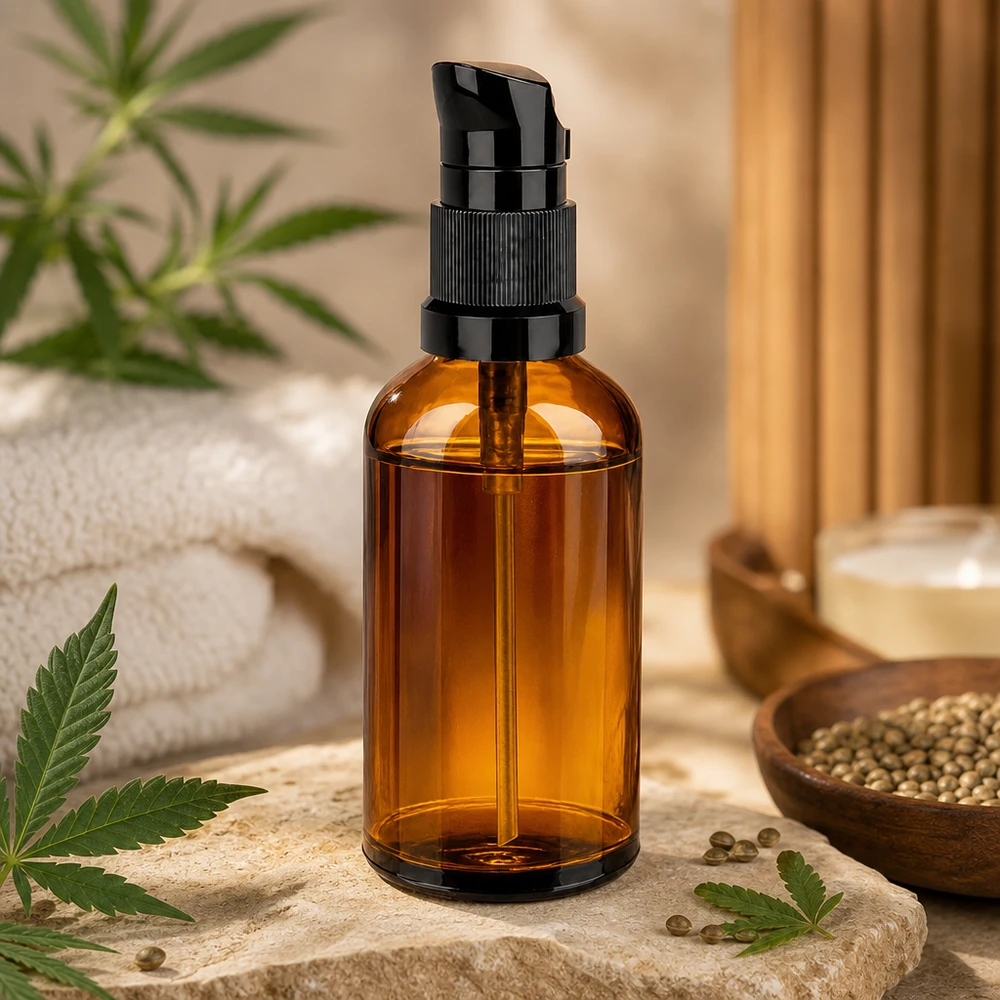 Stijlvolle 100ml pompflacon in amberkleur met matzwarte dispenser voor natuurlijke cosmetica