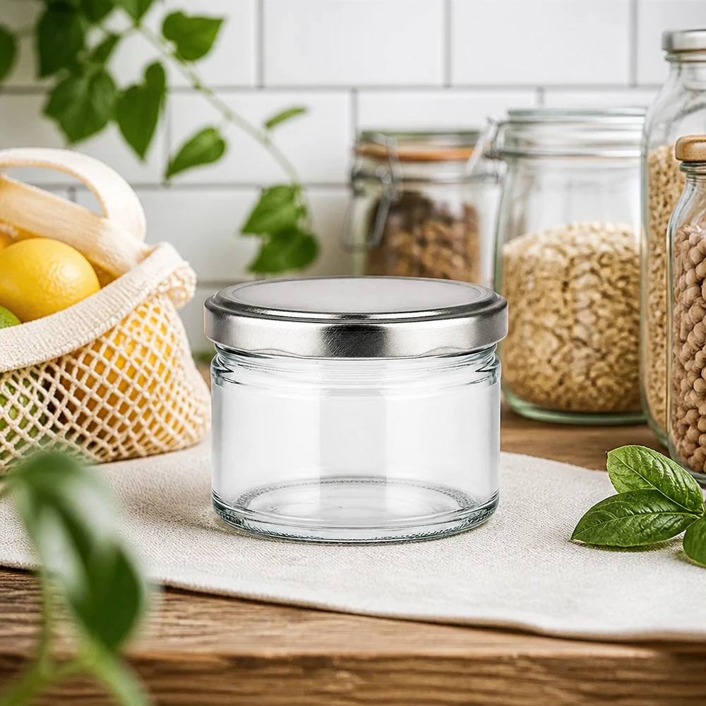 Ronde pot van 540 ml met zilveren deksel in een moderne keuken, duurzame voorraadpot tussen voorraadpotten