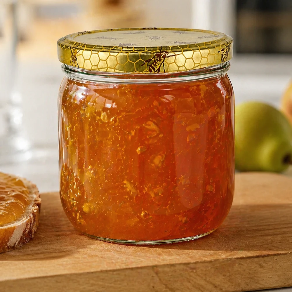 Honingpot van 500 g met honingraatdeksel gevuld met gouden jam naast brood en groene appel op houten plank