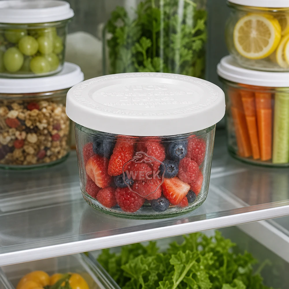 WECK RR60-pot van 80 ml met vershouddeksel 80ml WECK RR60 trommels met gemengde bessen in de koelkast naast andere voorraadpotten met fruit en groenten