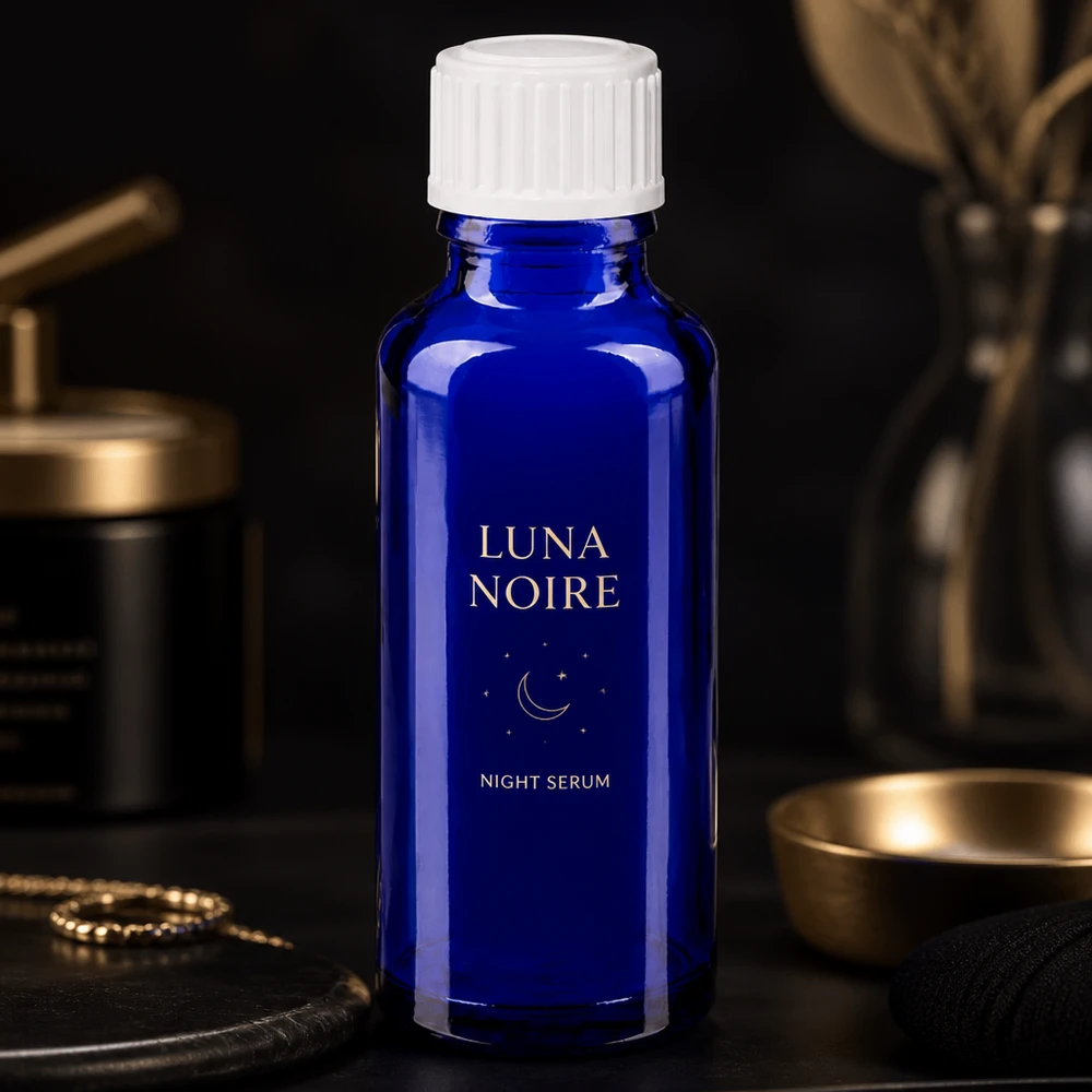 Blauwe glazen flessen 30ml met wit schroefsluiting St Slanke blauwe apothekersfles van 30 ml met witte dop, als verpakking voor nachtverzorging