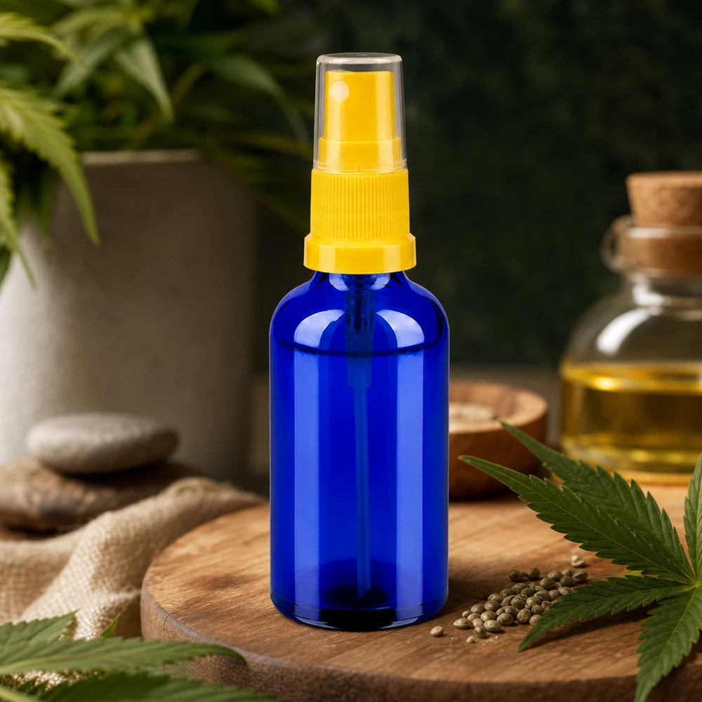 50ml spuitfles geel/tr. STD BlueLine UT18/50 Veelzijdig 50ml verstuiverflesje van hoogwaardig glas voor mobiele huidverzorgingstoepassingen