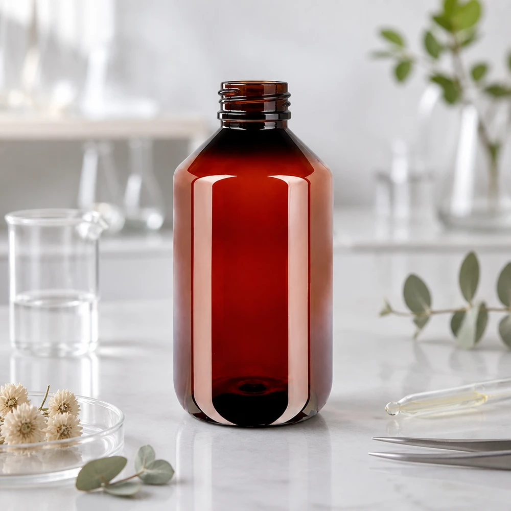 Lichtbeschermingsfles van PET, 500 ml, bruin, geribbeld, met witte buitenverpakking tegen een lichte laboratoriumachtergrond