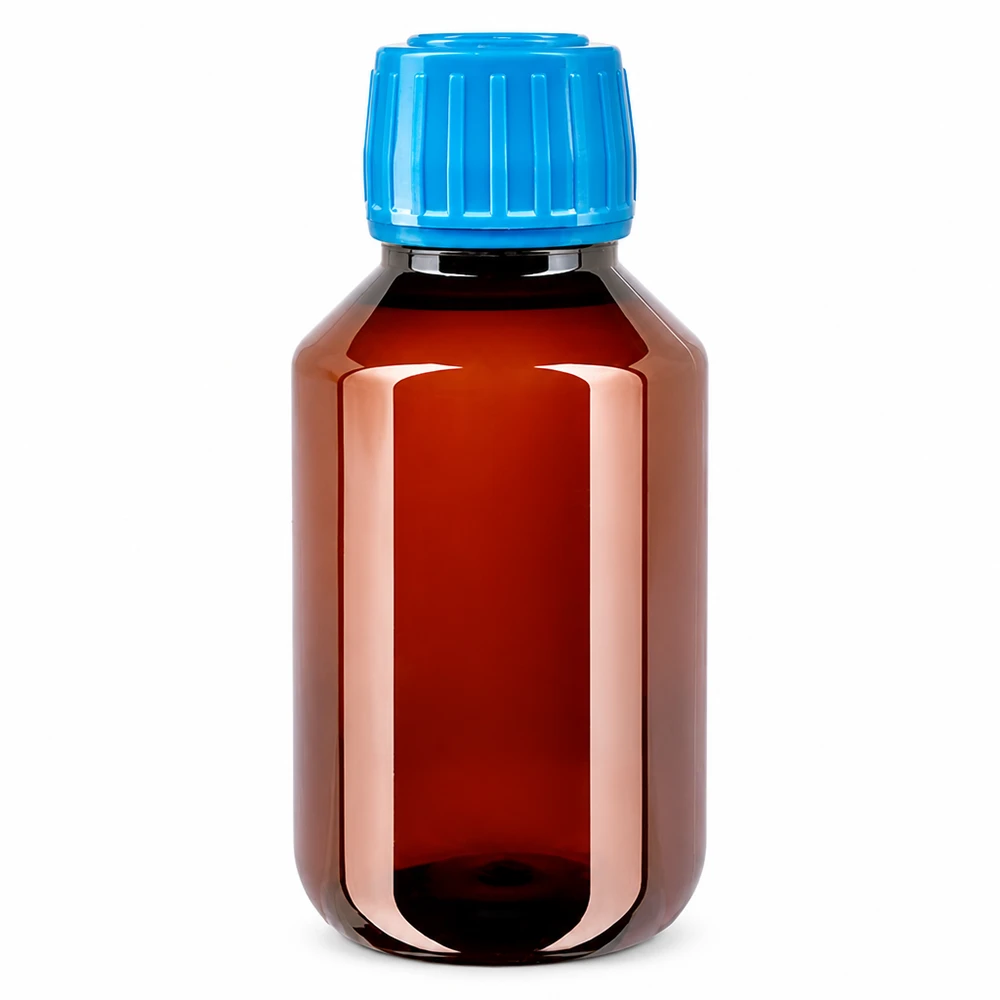 50 ml PET medicijnfles met verstuiver zwart GCMI 28/410 incl. dop transparant, standaard Compacte bruine PET-fles van 100 ml met een blauwe, geribbelde schroefdop en een OV-veiligheidsring