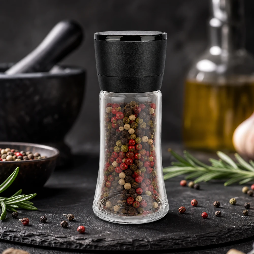 Pepermolen Vario 95 ml met een bonte pepermix van rode, groene en zwarte korrels in een glazen pot
