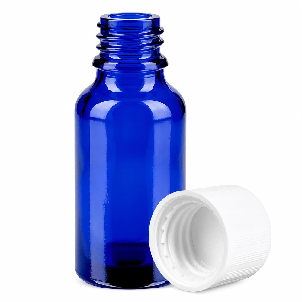 Professionele blauwe glazen fles van 20 ml met 11 mm hals voor het nauwkeurig doseren van vloeistoffen