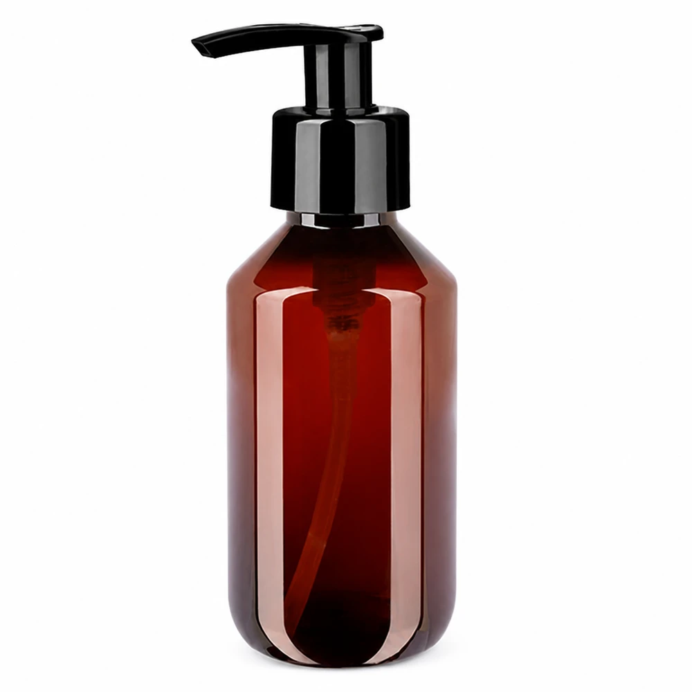 PET-fles 200ml met dispenserpomp zwart Ronde PET-pompfles van 200 ml in amberkleur met zwarte dop voor shampoo en lotion