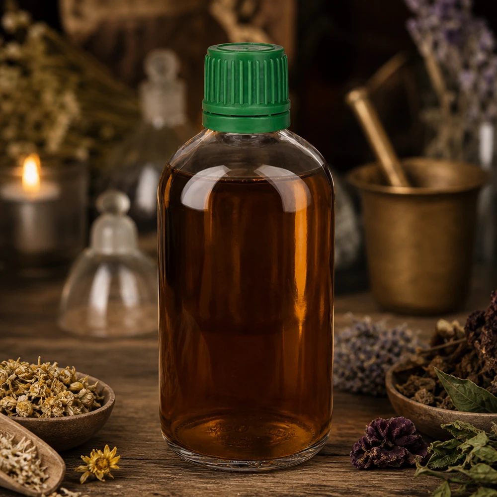 100ml flacon 11mm SV groen OV ClearLine UT18/100 Kruidentinctuur in een ClearLine UT18-fles van 100 ml van helder glas, met de originele groene dop en kruidendecoratie