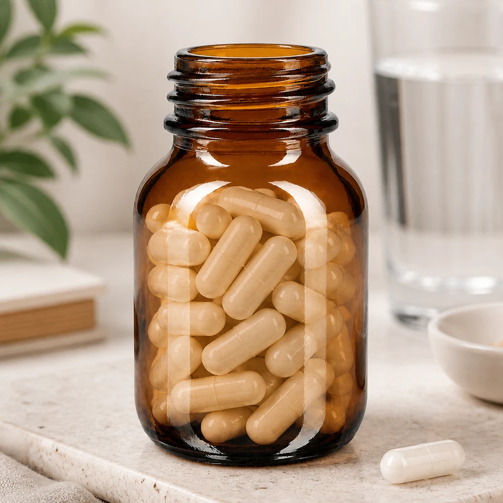 Praktische 50ml wijdhalsfles van amberkleurig glas voor het veilig bewaren van voedingssupplementen