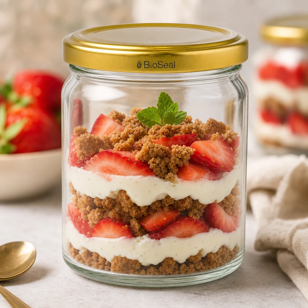 UNiTWIST Runda408 dessertpotje met gouden TO82 BioSeal deksel voor aardbeien tiramisu gelaagd dessert met room