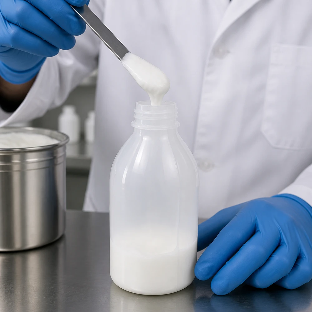 Kunststof fles met smalle hals van 250 ml bij het vullen met witte emulsie