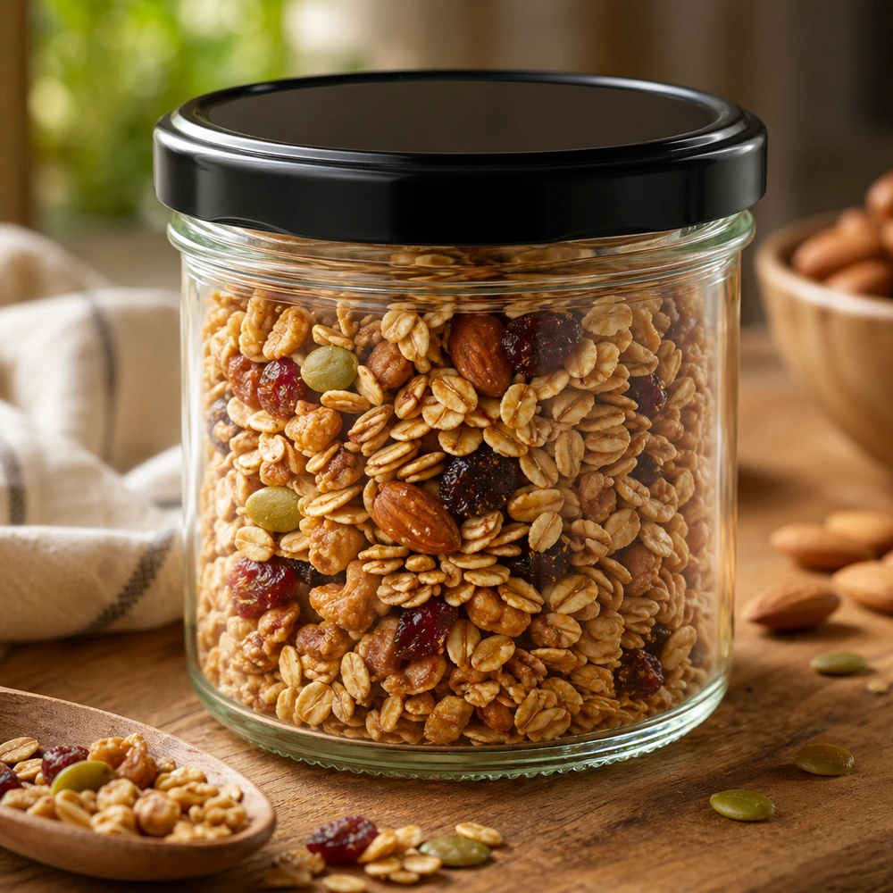 125 ml bekers met zwart deksel gevuld met notenmix en gedroogd fruit Voorraadpot Keuken