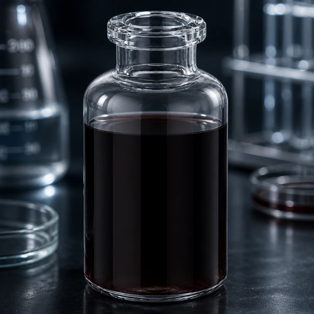 Injectiefles helder glas 20ml Medizinische Klarglas Injektionsflasche 20ml mit dunkelbrauner Substanz in professioneller Laborumgebung
