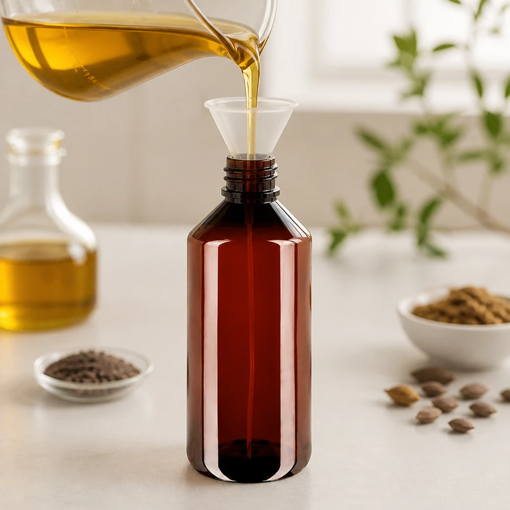 Productie van een product op basis van natuurlijke olie in een lichtbeschermende, amberkleurige PET-fles van 1000 ml