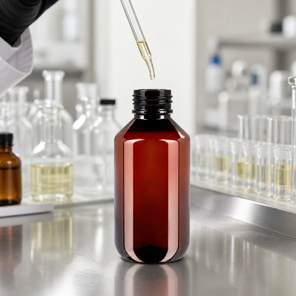 PET-fles 200ml met wit/rode dop OV Het druppelsgewijs vullen van een bruine PET-fles van 200 ml met een gelige vloeistof in het laboratorium