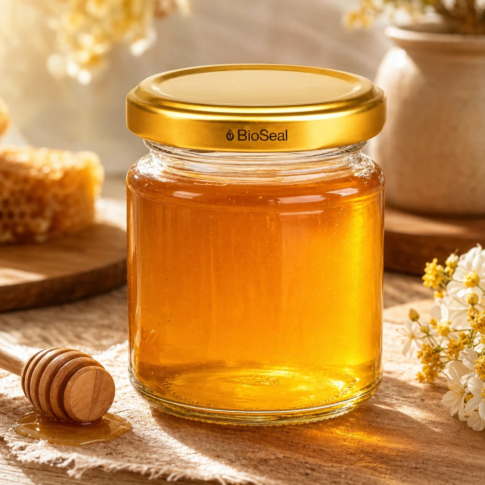 UNiTWIST Runda53 honingpot met gouden TO43 BioSeal deksel gevuld met honing naast honinglepel en bloemen