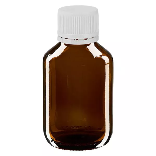 100ml Euro-medicijnfles bruin met witte schroefsluiting VR 100ml Euro-medicijnfles bruin met witte schroefsluiting VR