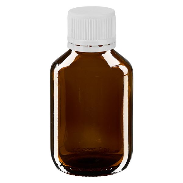 100ml Euro-medicijnfles bruin met witte schroefsluiting VR 100ml Euro-medicijnfles bruin met witte schroefsluiting VR