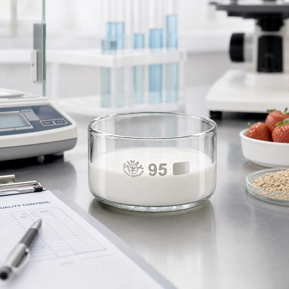 Laboratoriumanalyse van levensmiddelen – Kristallisatieschaal 300 ml Simax Tsjechië 95 mm met witte inhoud