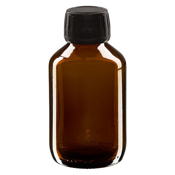 150ml Euro-medicijnfles bruin met zwarte schroefsluiting VR 150ml Euro-medicijnfles bruin met zwarte schroefsluiting VR
