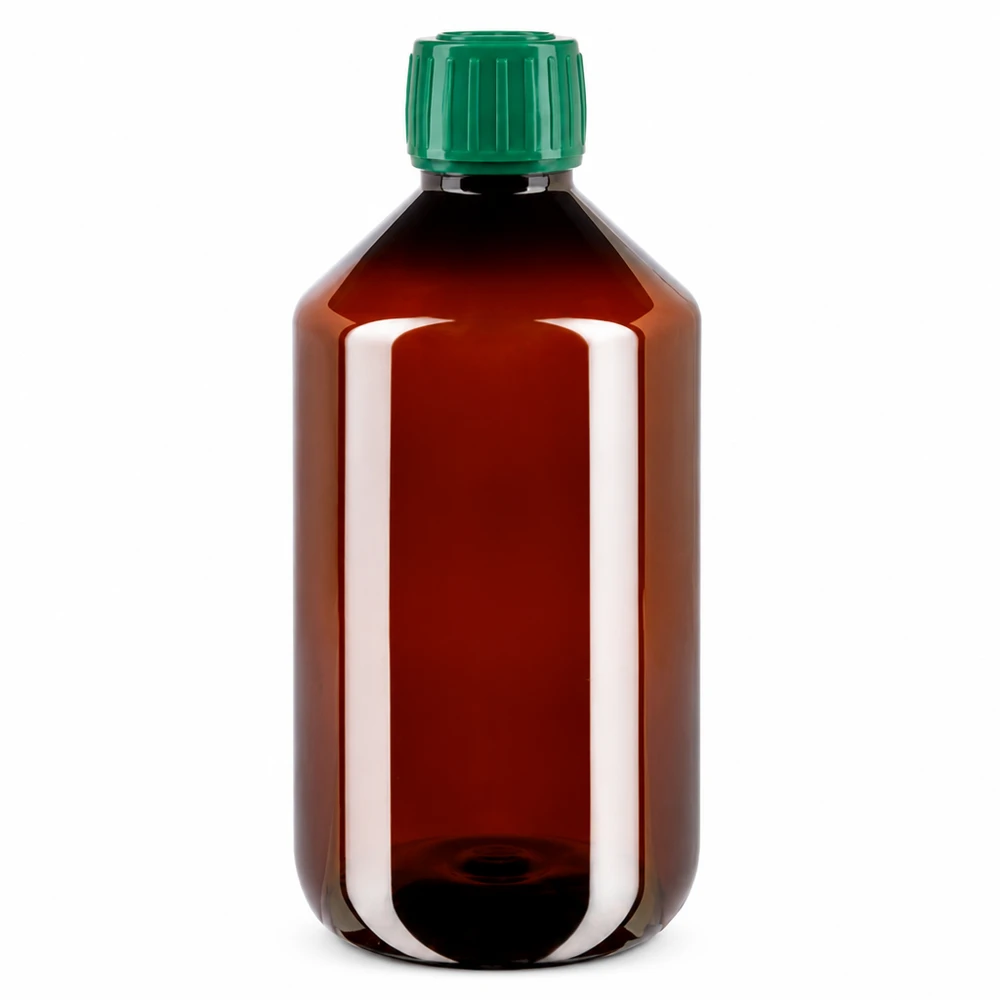 50 ml PET medicijnfles met verstuiver zwart GCMI 28/410 incl. dop transparant, standaard Medicijnflesje van 500 ml, bruin-transparant met groene schroefdop, gemaakt van recyclebaar PET