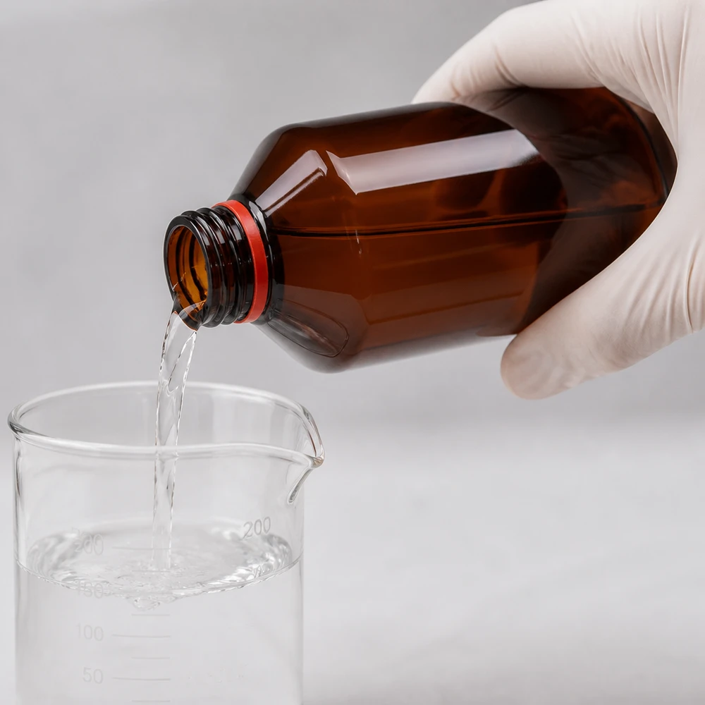Nauwkeurig schenken uit een bruine PET-fles van 500 ml met een rode schroefdop onder laboratoriumomstandigheden