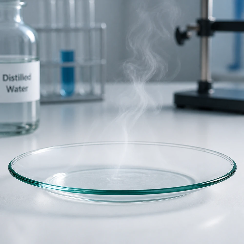 Horloge glazen schaal 80mm met opstijgende damp toont thermische toepassing in het laboratorium