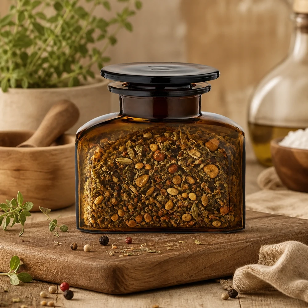 UV-beschermende apothekersfles van 150 ml, van bruin glas, gevuld met een mediterrane kruidenmix