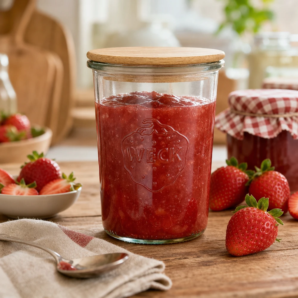 850ml stortglas WECK RR100 met hout deksel WECK inmaakpot 850ml gevuld met aardbeienjam houten deksel keuken tafereel verse aardbeien decoratie