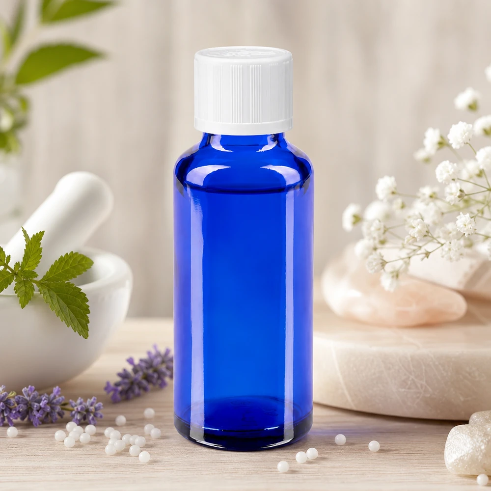 Doseerflesje van 30 ml van blauw glas met een precisiedruppelaar van 1,2 mm voor natuurlijke geneesmiddelen en essences