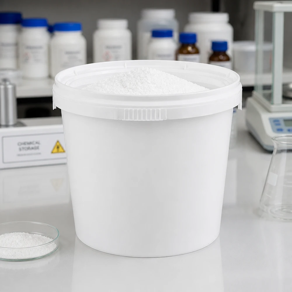 1 liter emmer van wit PP plastic met deksel Witte emmer van 1 liter, gemaakt van voedselveilig PP, met deksel, voor de opslag van chemicaliën op de achtergrond