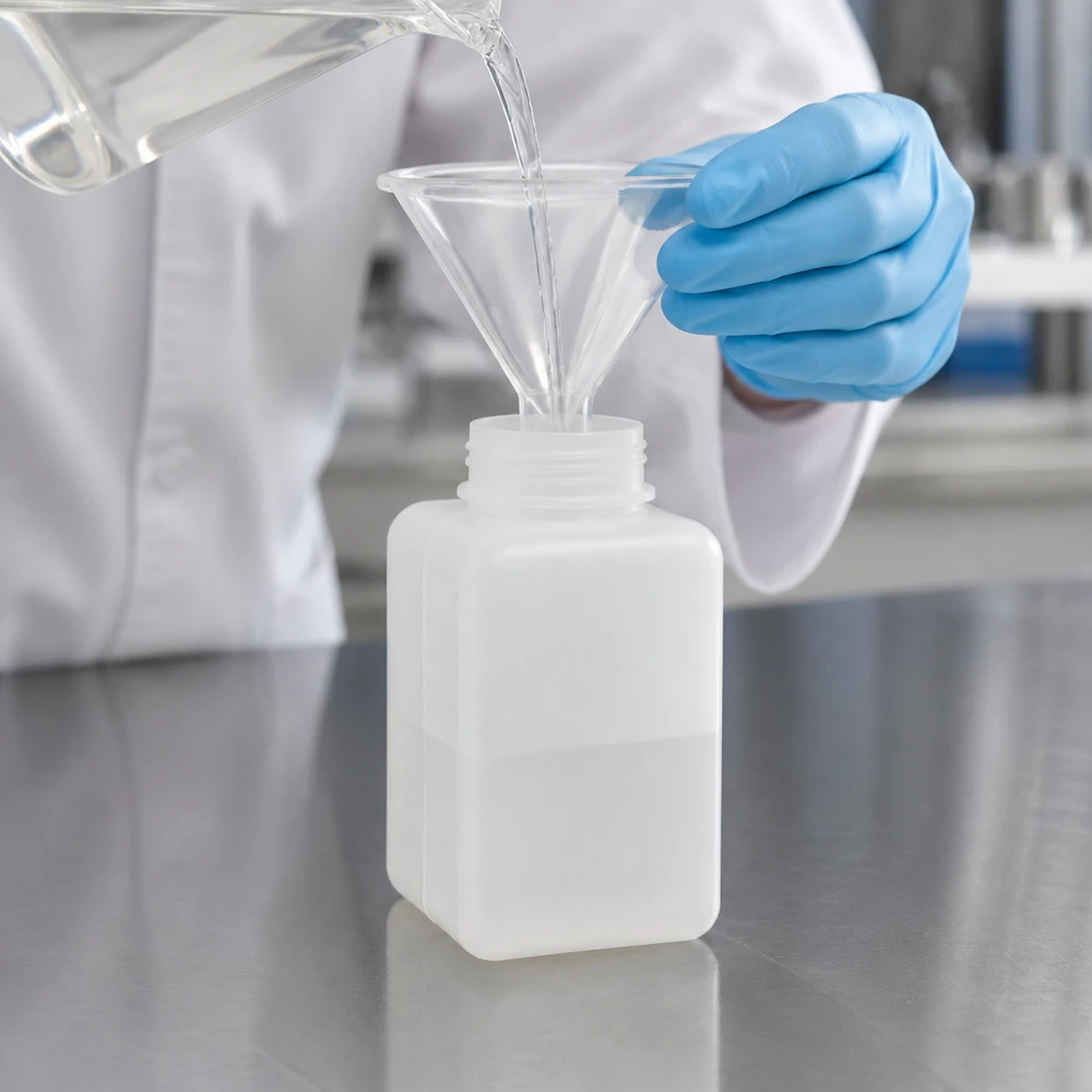 Chemicaliënfles 1000 ml, wijde hals, incl. sluiting GL 65 Chemisch bestendige PE-HD-fles van 1000 ml, met brede hals, naturel, met schroefdraad voor het overgieten van vloeistoffen