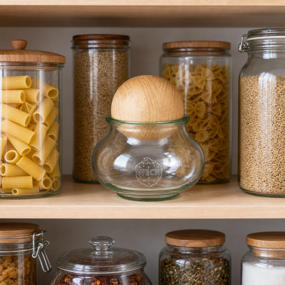 WECK pot 560ml RR80 beuken bol deksel in voorraadkast met pasta rijst linzen georganiseerde keuken opslag