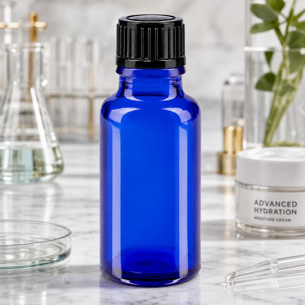 Blauwe glazen flessen 20ml met zwart schroefsluiting St Kleine apothekersfles van 20 ml met kindveilige schroefdop voor serums en oliën
