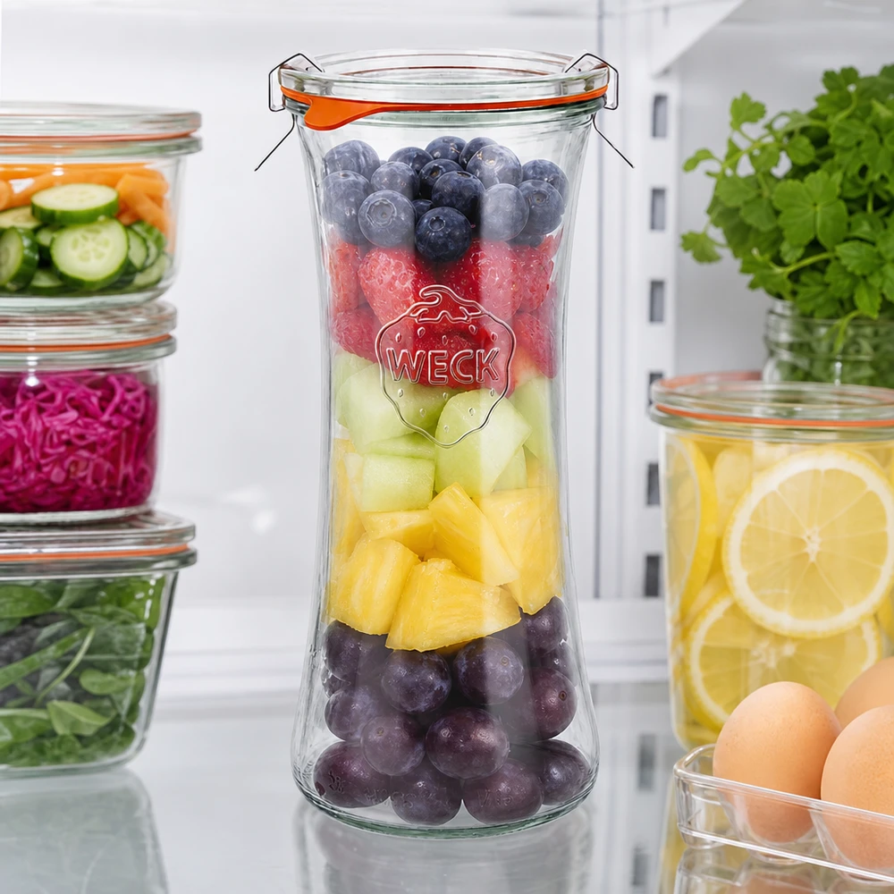 700ml delicatessenglas compleet WECK RR40 WECK delicatessenpot 700ml RR80 gevuld met kleurrijke fruitsalade, swing-top inmaakpot voor vers fruit