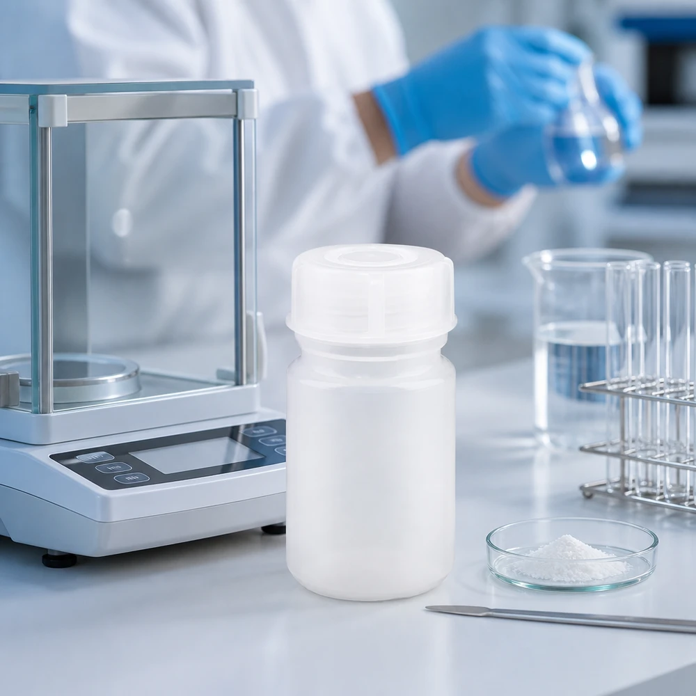 Wijde hals laboratoriumfles 50ml met sluiting Kleine laboratoriumfles van 50 ml met brede hals, geschikt voor het bewaren van vaste chemische stoffen