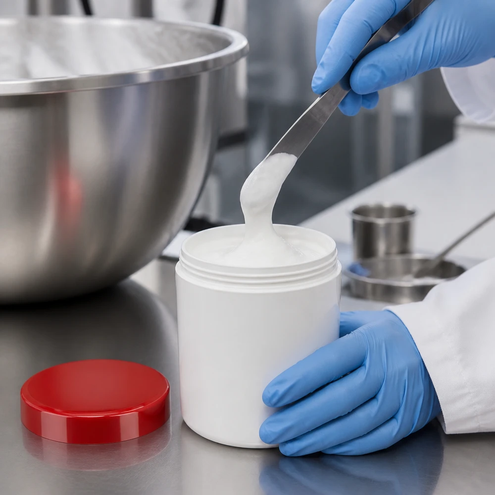 Zalfpot 100 g wit met rood schroefdeksel (PP) Cilindrische zalfpot van 100 g, gemaakt van wit polypropyleen met een rode schroefdop
